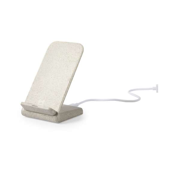 Cargador inalámbrico de línea nature con función soporte para móvil. Carcasa en caña de trigo, para así fomentar la utilización de materias primas naturales y reducir las emisiones contaminantes. Con función carga rápida de 10W y compatible con dispositivos equipados con tecnología de carga inalámbrica. Con luz indicadora de estado de carga y cable de 100 cm. Amplia superficie de marcaje, presentado en atractiva caja de diseño eco.