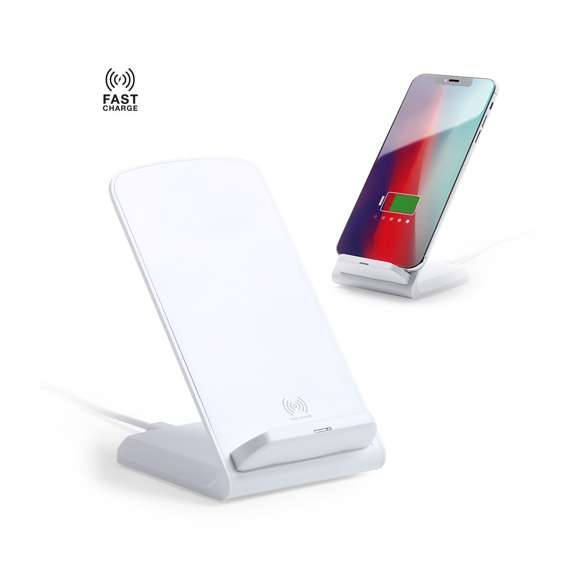 Cargador inalámbrico en elegante acabado blanco con función soporte para móvil. Función carga rápida de 10W y compatible con dispositivos equipados con tecnología de carga inalámbrica. Amplia superficie de marcaje y presentado en atractiva caja de diseño.