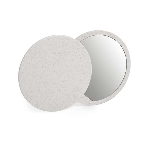 Espejo plegable de línea nature fabricado en caña de trigo, para así fomentar la utilización de materias primas naturales y reducir las emisiones contaminantes.