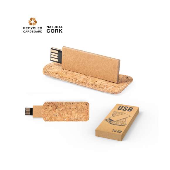 Memoria USB de 16GB de capacidad en línea nature. Cuerpo en cartón reciclado, presentada en una funda de corcho natural y en estuche individual de diseño eco.