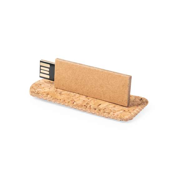 Memoria USB de 16GB de capacidad en línea nature. Cuerpo en cartón reciclado, presentada en una funda de corcho natural y en estuche individual de diseño eco.