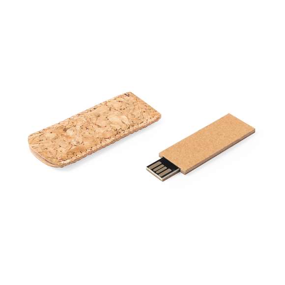 Memoria USB de 16GB de capacidad en línea nature. Cuerpo en cartón reciclado, presentada en una funda de corcho natural y en estuche individual de diseño eco.