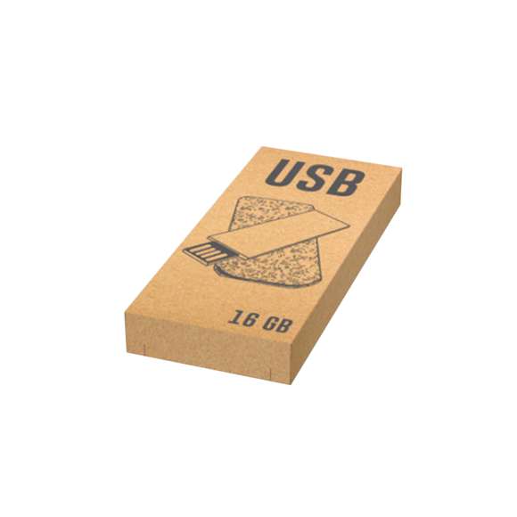 Memoria USB de 16GB de capacidad en línea nature. Cuerpo en cartón reciclado, presentada en una funda de corcho natural y en estuche individual de diseño eco.