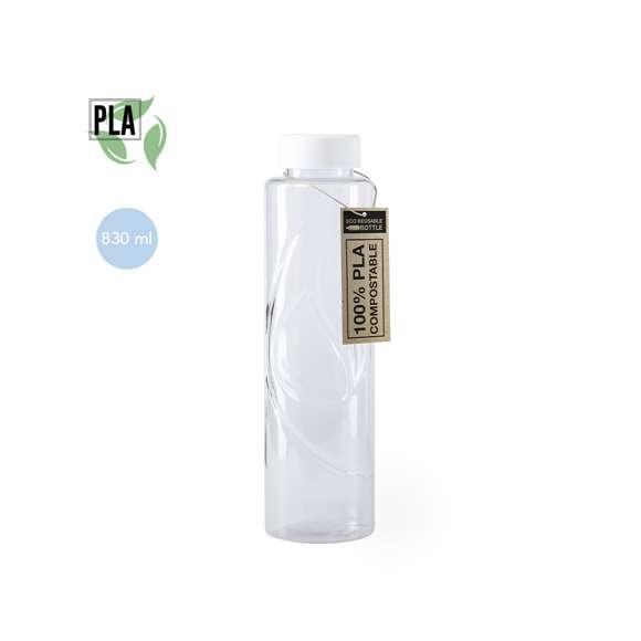 Bidón de linea nature de 830 ml de capacidad. Fabricado en resistente material PLA -Ácido PoliLáctico-, que se obtiene a partir de recursos 100% naturales como el almidón de maíz, la yuca o la caña de azúcar, pudiendo convertirse en 100% compostable al final de su ciclo de vida útil. Con distintivo PLA y presentado en bolsa individual de diseño eco. Disponible manual de instrucciones en español e inglés.