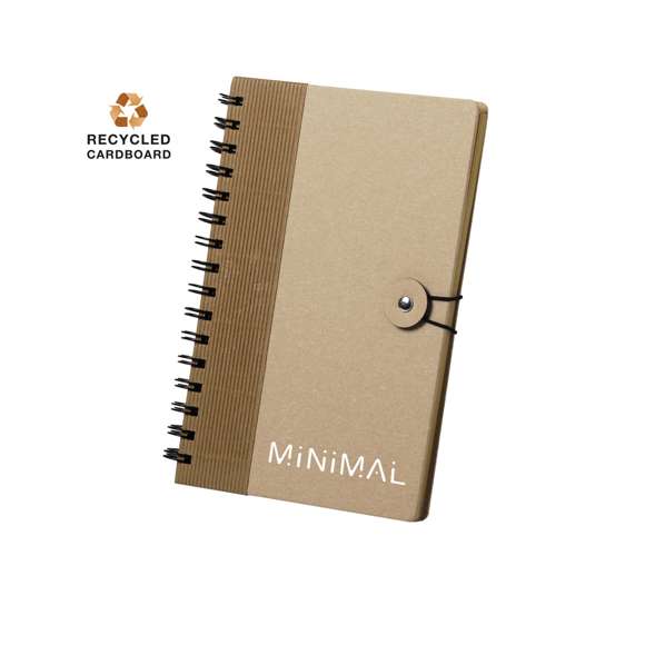  	Libreta de anillas en línea nature. Con tapas rígidas de original diseño en cartón reciclado y cierre elástico. De 80 hojas con diseño eco y disposición a una raya.