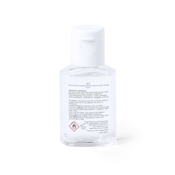  	Gel hidroalcohólico para higiene y limpieza de la piel en bote rellenable de 15 ml, con dosificador y tapón de seguridad. Cuerpo transparente, con tapón en color blanco. Solución con 65% de contenido de alcohol.nbsp   	Artículo con certificación GMP (Good Manufaturing Practices / Normas de Correcta Fabricación) que garantiza el cumplimiento de rigurosas medidas de control para la obtención de un producto seguro y de calidad.