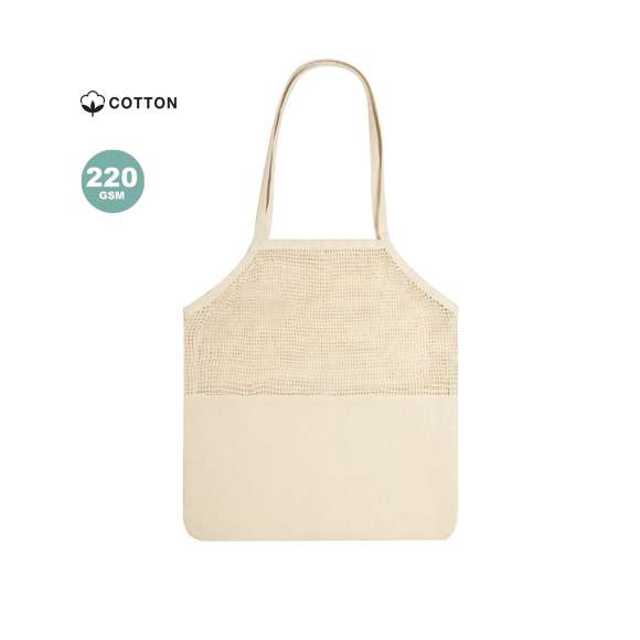 Bolsa de redecilla de línea nature en algodón crudo de 220g/m2, con superficie lisa para impresión. Asas largas de 60 cm reforzadas.