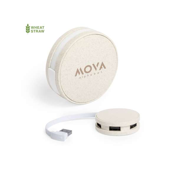 Original y compacto puerto USB de forma redondeada de línea nature. Carcasa en caña de trigo, para así fomentar la utilización de materias primas naturales y reducir las emisiones contaminantes. Con 4 puertos USB 2.0 para conectar multitud de dispositivos y amplia superficie de marcaje. Presentado en caja individual de diseño eco.