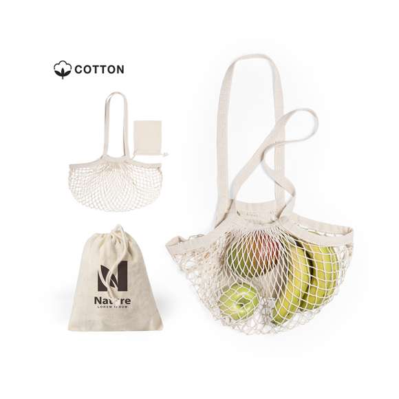 Bolsa plegable de redecilla de gran capacidad. De línea nature enalgodón crudo, con bolsita lisa para impresión de cierre de cordón. Asas largas y plegado de pequeño tamaño para fácil transporte.