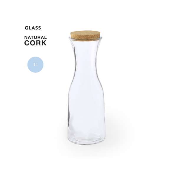 Botella de línea nature de 1l. Fabricada en cristal, con tapón de corcho natural y especialmente recomendada para agua y vino. Presentada en caja individual de diseño eco.