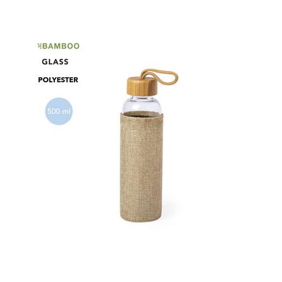 Bidón de línea nature en combinación de materiales bambú y cristal. 500 ml de capacidad, con tapón a rosca en bambú y funda en acabado de inspiración eco. Asa de transporte en color nature y presentado en atractiva caja de diseño eco. Disponible manual de instrucciones en español e inglés.