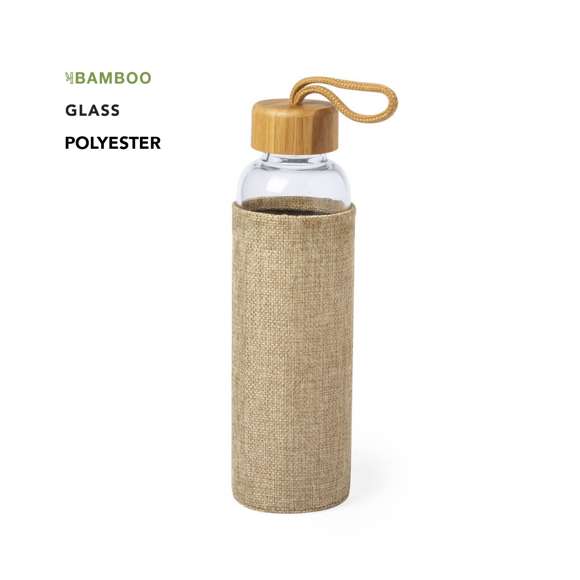 Bidón de línea nature en combinación de materiales bambú y cristal. 500 ml de capacidad, con tapón a rosca en bambú y funda en acabado de inspiración eco. Asa de transporte en color nature y presentado en atractiva caja de diseño eco. Disponible manual de instrucciones en español e inglés.