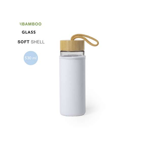 Bidón de línea nature en combinación de materiales bambú y cristal. 530 ml de capacidad, con tapón a rosca en bambú y funda en elegante color blanco. Asa de transporte en color nature y presentado en atractiva caja de diseño eco. Disponible manual de instrucciones en español e inglés.