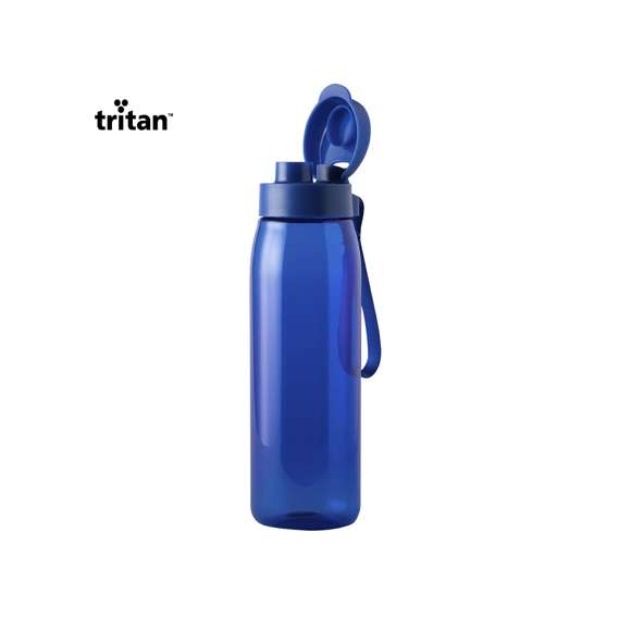 Bidón en alta calidad y de gran capacidad -820 ml- en material tritán resistente al calor y libre de BPA. Disponible en variada gama de colores transparentes, con tapón dosificador de seguridad a juego y cinta de transporte.