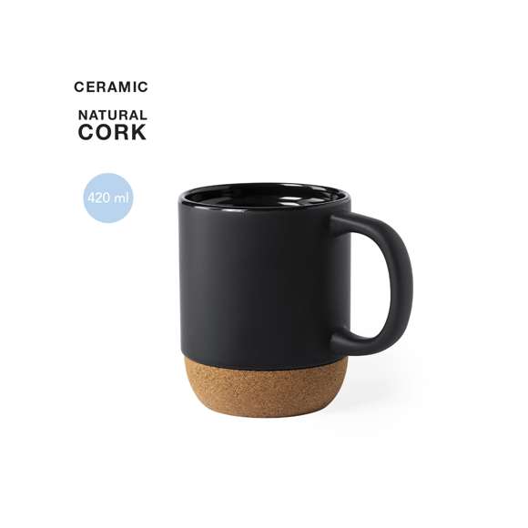 Taza de línea nature de 420 ml de capacidad. Fabricada en cerámica, con base de corcho natural. Disponible en elegantes acabados blanco y negro y presentada en caja individual de diseño eco.Disponible manual de instrucciones en español e inglés.