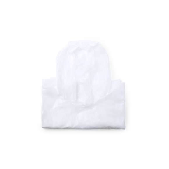 Poncho para adulto fabricado en resistente material PLA -Ácido PoliLáctico-, que se obtiene a partir de recursos 100% naturales como el almidón de maíz, la yuca o la caña de azúcar, pudiendo convertirse en 100% compostable al final de su ciclo de vida útil. Medidas 127 x102 cm -talla única- y presentado en bolsa individual de PLA con distintivo de material.