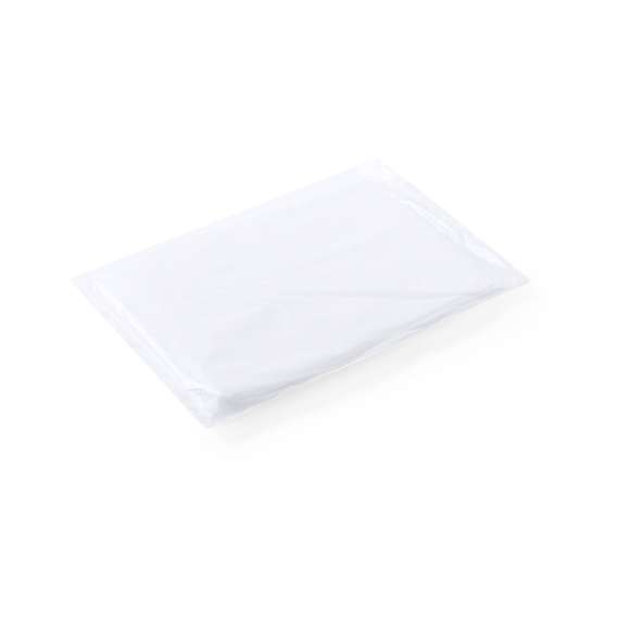 Poncho para adulto fabricado en resistente material PLA -Ácido PoliLáctico-, que se obtiene a partir de recursos 100% naturales como el almidón de maíz, la yuca o la caña de azúcar, pudiendo convertirse en 100% compostable al final de su ciclo de vida útil. Medidas 127 x102 cm -talla única- y presentado en bolsa individual de PLA con distintivo de material.