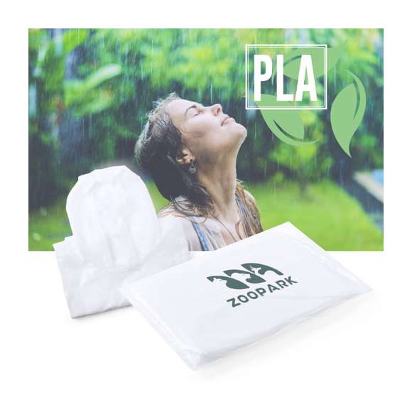 Poncho para adulto fabricado en resistente material PLA -Ácido PoliLáctico-, que se obtiene a partir de recursos 100% naturales como el almidón de maíz, la yuca o la caña de azúcar, pudiendo convertirse en 100% compostable al final de su ciclo de vida útil. Medidas 127 x102 cm -talla única- y presentado en bolsa individual de PLA con distintivo de material.