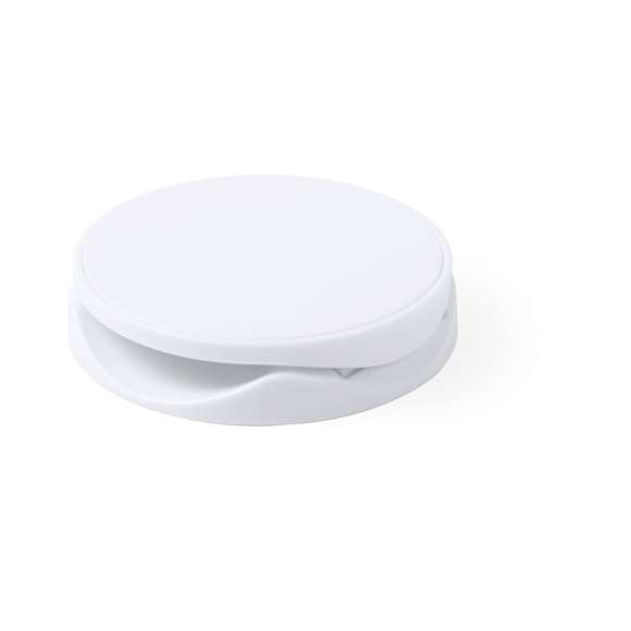 Soporte para smartphone plegable en elegante acabado de color blanco, especialmente diseñado para marcaje en tampografía. Con adhesivo 3M, de fijación extra fuerte y libre de residuos al despegarlo del dispositivo.
