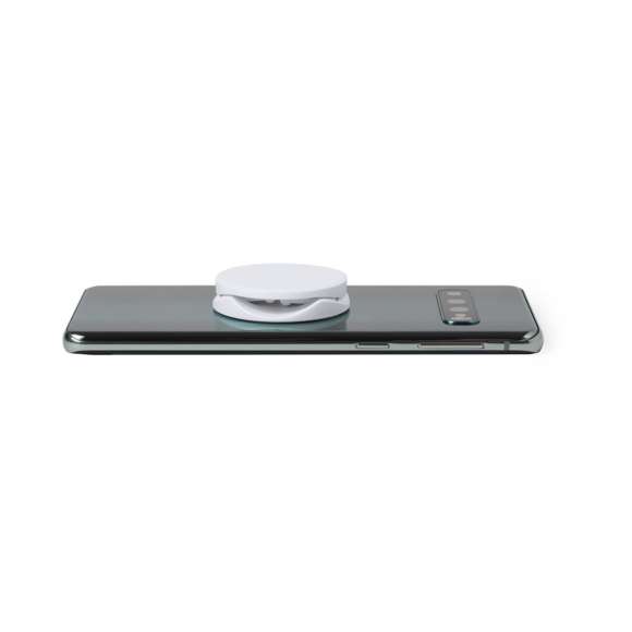 Soporte para smartphone plegable en elegante acabado de color blanco, especialmente diseñado para marcaje en tampografía. Con adhesivo 3M, de fijación extra fuerte y libre de residuos al despegarlo del dispositivo.