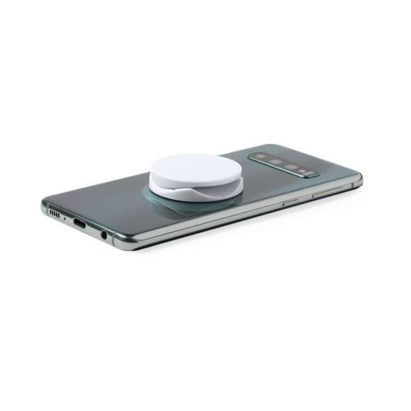 Soporte para smartphone plegable en elegante acabado de color blanco, especialmente diseñado para marcaje en tampografía. Con adhesivo 3M, de fijación extra fuerte y libre de residuos al despegarlo del dispositivo.