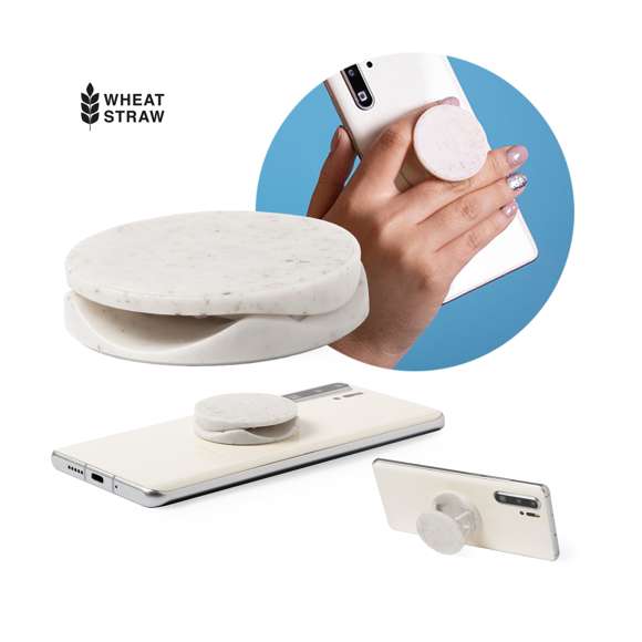 Soporte para smartphone plegable en línea nature, fabricado en caña de trigo, para así fomentar la utilización de materias primas naturales y reducir las emisiones contaminantes. Especialmente diseñado para marcaje en tampografía, con adhesivo 3M de fijación extra fuerte y libre de residuos al despegarlo del dispositivo.