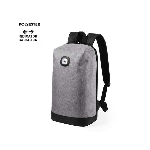 Mochila con indicadores luminosos multiusos, en resistente poliéster 600D de acabado bicolor. De diseño urbano, incluye luces parpadeantes y fijas, con 3 tipos de iluminación. Compartimento principal con cierre de cremallera de doble tirador, con cintas de hombros y espalda acolchadas y cintas de ajuste regulables. Alimentación a pilas (de botón incluidas).