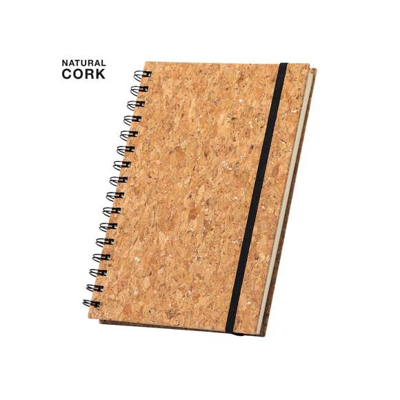 Libreta de anillas en línea nature. Con tapas rígidas en corcho natural y elástico de cierre en color negro. De 100 hojas con diseño eco y disposición a una raya.