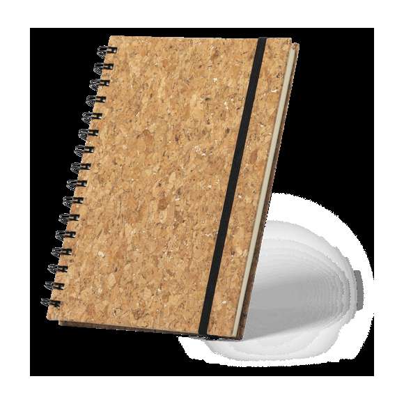 Libreta de anillas en línea nature. Con tapas rígidas en corcho natural y elástico de cierre en color negro. De 100 hojas con diseño eco y disposición a una raya.