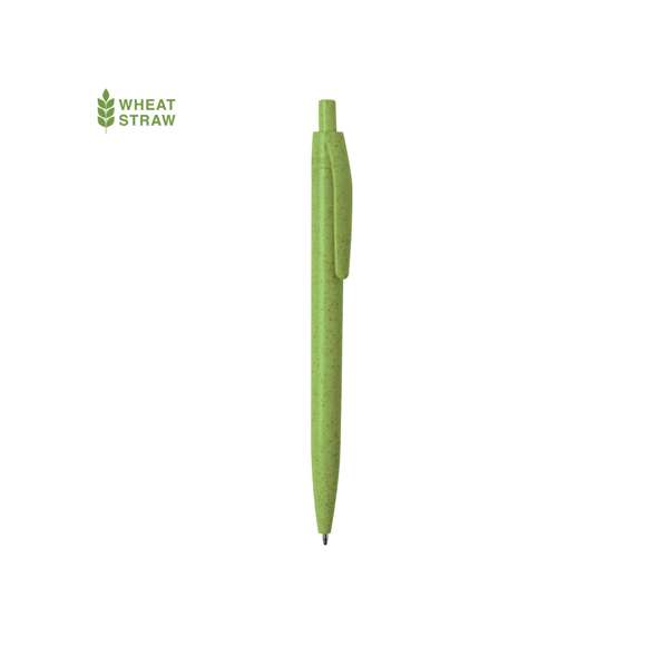 Bolígrafo con mecanismo pulsador de línea nature. Cuerpo y accesorios en caña de trigo, para así fomentar la utilización de materias primas naturales y reducir las emisiones contaminantes. Tinta azul.