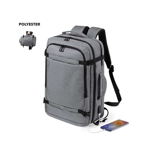 Mochila portadocumentos en resistente poliéster 600D de acabado denim. En diseño urbano, con bolsillo antirrobo, incluye conexión USB para carga de dispositivos móviles (cable incluido, batería auxiliar no incluida) y bolsillo acolchado para portátil de hasta 17 pulgadas. Refuerzos en fuelles con cierre de hebilla de seguridad y compartimentos con cierre de cremallera de doble tirador, con cintas de hombros y espalda acolchadas, de ajuste regulable. Accesorio para ajuste en trolley y bolsillo para ocultar las cintas de la espalda cuando se usa como portadocumentos.