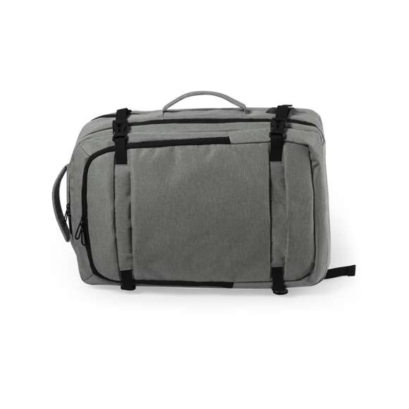 Mochila portadocumentos en resistente poliéster 600D de acabado denim. En diseño urbano, con bolsillo antirrobo, incluye conexión USB para carga de dispositivos móviles (cable incluido, batería auxiliar no incluida) y bolsillo acolchado para portátil de hasta 17 pulgadas. Refuerzos en fuelles con cierre de hebilla de seguridad y compartimentos con cierre de cremallera de doble tirador, con cintas de hombros y espalda acolchadas, de ajuste regulable. Accesorio para ajuste en trolley y bolsillo para ocultar las cintas de la espalda cuando se usa como portadocumentos.
