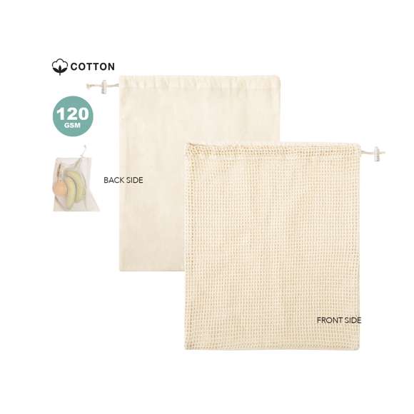 Bolsa de redecilla de línea nature en algodón crudo de 120g/m2, con una cara lisa para impresión. Cierre de cordón con accesorio de ajuste.