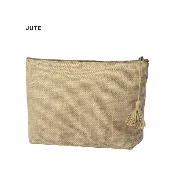 Neceser de línea nature en yute laminado, con cierre de cremallera y tirador súper cuqui en algodón.