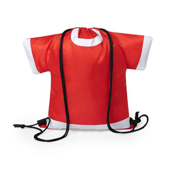 Original y divertida mochila de cuerdas para adulto en forma de camiseta. En suave poliéster 210D, con cuerdas autocierre en color negro y esquinas reforzadas. disponible en variada gama de colores intensos.