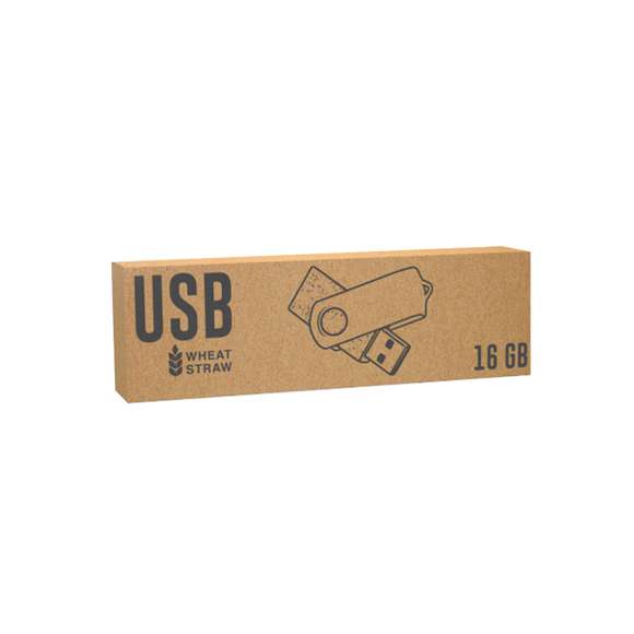 Memoria USB de 16GB de capacidad en línea nature. Cuerpo en caña de trigo, para así fomentar la utilización de materias primas naturales y reducir las emisiones contaminantes y clip metálico de mecanismo giratorio. Presentada en estuche individual de diseño eco.