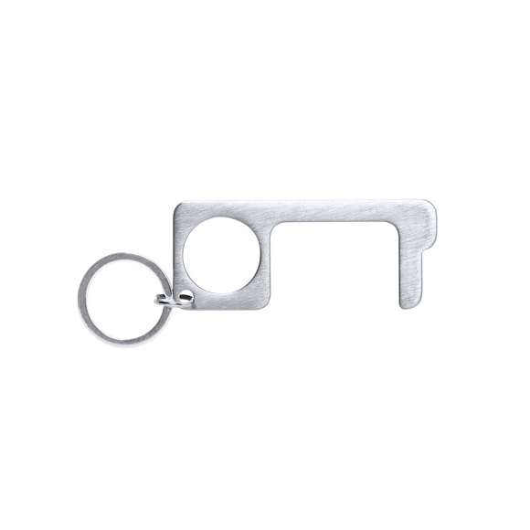 Llavero higiénico anti-contacto, fabricado en resistente acero inox. Especialmente diseñado para evitar tocar con las manos superficies de uso común (picaportes de puertas, interruptores, grifos de uso público, cajeros automáticos...). Con cómodo troquel para el dedo y presentado en bolsita individual. Recomendado para marcaje en láser.