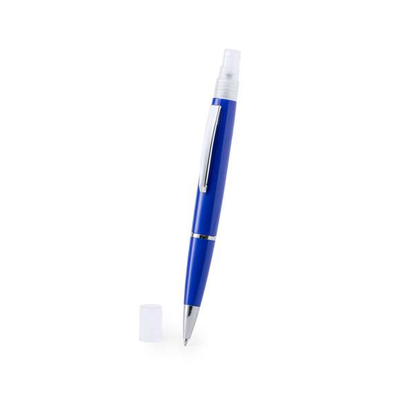  	Bolígrafo higienizante con pulverizador recargable integrado y capucha protectora. Acabado en resistente ABS brillante con elegante clip metálico y cómoda empuñadura y escritura en tinta azul. Capacidad del pulverizador 3ml. Líquido no incluido. Disponible en amplia y variada gama de colores.