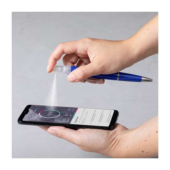  	Bolígrafo higienizante con pulverizador recargable integrado y capucha protectora. Acabado en resistente ABS brillante con elegante clip metálico y cómoda empuñadura y escritura en tinta azul. Capacidad del pulverizador 3ml. Líquido no incluido. Disponible en amplia y variada gama de colores.