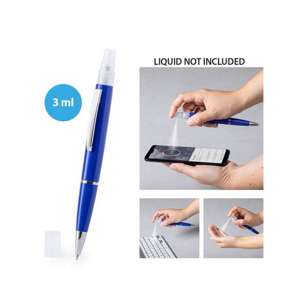  	Bolígrafo higienizante con pulverizador recargable integrado y capucha protectora. Acabado en resistente ABS brillante con elegante clip metálico y cómoda empuñadura y escritura en tinta azul. Capacidad del pulverizador 3ml. Líquido no incluido. Disponible en amplia y variada gama de colores.
