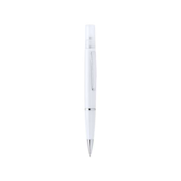  	Bolígrafo higienizante con pulverizador recargable integrado y capucha protectora. Acabado en resistente ABS brillante con elegante clip metálico y cómoda empuñadura y escritura en tinta azul. Capacidad del pulverizador 3ml. Líquido no incluido. Disponible en amplia y variada gama de colores.