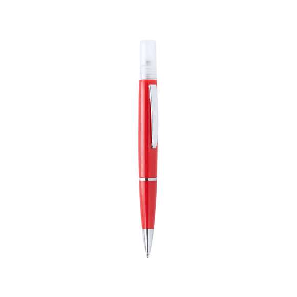  	Bolígrafo higienizante con pulverizador recargable integrado y capucha protectora. Acabado en resistente ABS brillante con elegante clip metálico y cómoda empuñadura y escritura en tinta azul. Capacidad del pulverizador 3ml. Líquido no incluido. Disponible en amplia y variada gama de colores.