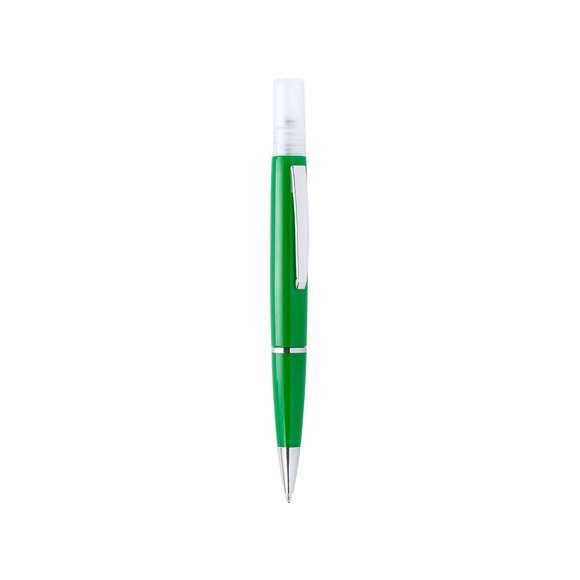 	Bolígrafo higienizante con pulverizador recargable integrado y capucha protectora. Acabado en resistente ABS brillante con elegante clip metálico y cómoda empuñadura y escritura en tinta azul. Capacidad del pulverizador 3ml. Líquido no incluido. Disponible en amplia y variada gama de colores.