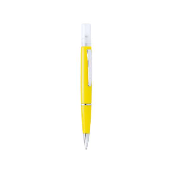  	Bolígrafo higienizante con pulverizador recargable integrado y capucha protectora. Acabado en resistente ABS brillante con elegante clip metálico y cómoda empuñadura y escritura en tinta azul. Capacidad del pulverizador 3ml. Líquido no incluido. Disponible en amplia y variada gama de colores.