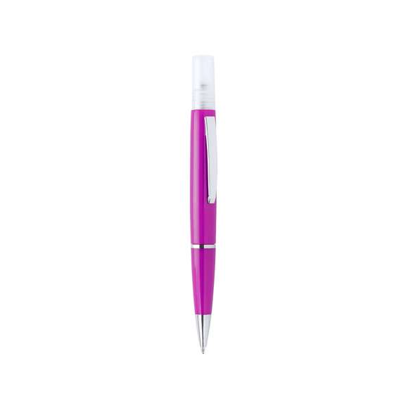  	Bolígrafo higienizante con pulverizador recargable integrado y capucha protectora. Acabado en resistente ABS brillante con elegante clip metálico y cómoda empuñadura y escritura en tinta azul. Capacidad del pulverizador 3ml. Líquido no incluido. Disponible en amplia y variada gama de colores.