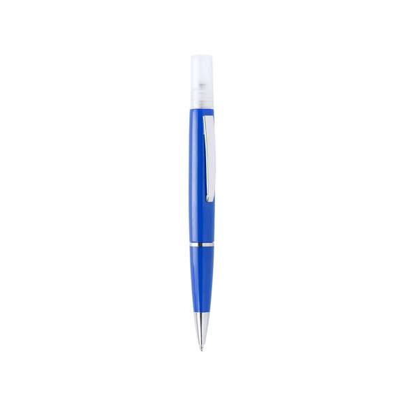  	Bolígrafo higienizante con pulverizador recargable integrado y capucha protectora. Acabado en resistente ABS brillante con elegante clip metálico y cómoda empuñadura y escritura en tinta azul. Capacidad del pulverizador 3ml. Líquido no incluido. Disponible en amplia y variada gama de colores.