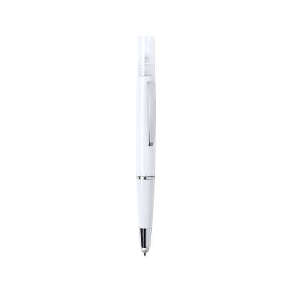 Bolígrafo antibacteriano con pulverizador recargable integrado y capucha protectora, incluye puntero en color gris. Acabado liso en resistente ABS brillante con elegante clip metálico y escritura en tinta azul. Capacidad del pulverizador 3ml. Líquido no incluido.Los productos con tratamientos antibacterianos son capaces de reducir drásticamente las cargas bacterianas presentes en las superficies de los materiales, gracias a la incorporación de agentes microbianos permanentes estáticos, con alta efectividad para inhibir y prevenir la contaminación bacteriana.Artículo de acuerdo al estándar ISO 22196, que determina la actividad antibacteriana en materiales plásticos y superficies no porosas, lo que permite conocer la efectividad de inhibición microbiana que tienen los aditivos sobre los objetos tratados mediante una evaluación cuantitativa.