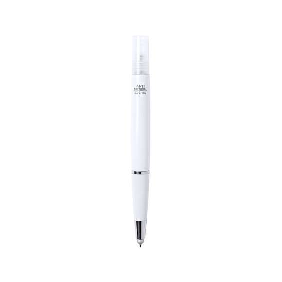 Bolígrafo antibacteriano con pulverizador recargable integrado y capucha protectora, incluye puntero en color gris. Acabado liso en resistente ABS brillante con elegante clip metálico y escritura en tinta azul. Capacidad del pulverizador 3ml. Líquido no incluido.Los productos con tratamientos antibacterianos son capaces de reducir drásticamente las cargas bacterianas presentes en las superficies de los materiales, gracias a la incorporación de agentes microbianos permanentes estáticos, con alta efectividad para inhibir y prevenir la contaminación bacteriana.Artículo de acuerdo al estándar ISO 22196, que determina la actividad antibacteriana en materiales plásticos y superficies no porosas, lo que permite conocer la efectividad de inhibición microbiana que tienen los aditivos sobre los objetos tratados mediante una evaluación cuantitativa.