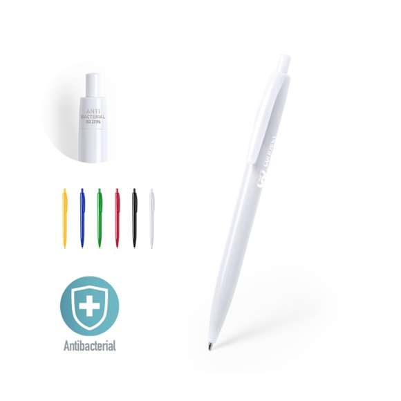  	Bolígrafo antibacteriano de mecanismo pulsador. Diseño monocromático, en variada gama de colores con acabado brillante, especialmente diseñado para marcaje en tampografía. Tinta azul. 	 	Los productos con tratamientos antibacterianos son capaces de reducir drásticamente las cargas bacterianas presentes en las superficies de los materiales, gracias a la incorporación de agentes microbianos permanentes estáticos, con alta efectividad para inhibir y prevenir la contaminación bacteriana. 	 	Artículo de acuerdo al estándar ISO 22196, que determina la actividad antibacteriana en materiales plásticos y superficies no porosas, lo que permite conocer la efectividad de inhibición microbiana que tienen los aditivos sobre los objetos tratados mediante una evaluación cuantitativa.