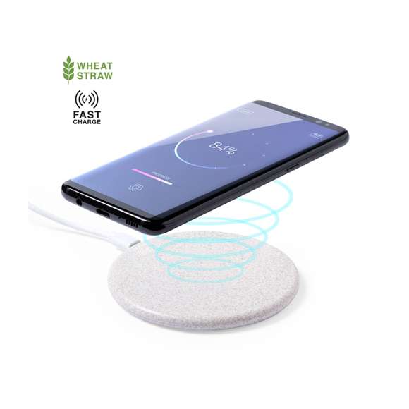 Cargador inalámbrico de diseño circular fabricado en caña de trigo, para así fomentar la utilización de materias primas naturales y reducir las emisiones contaminantes.  Con función carga rápida de 10W e indicador led. Cable de carga micro USB incluido y compatible con dispositivos equipados con tecnología de carga inalámbrica. Protección de seguridad para evitar sobrecalentamiento, sobrecarga y cortocircuito. Presentado en atractiva caja de diseño nature.